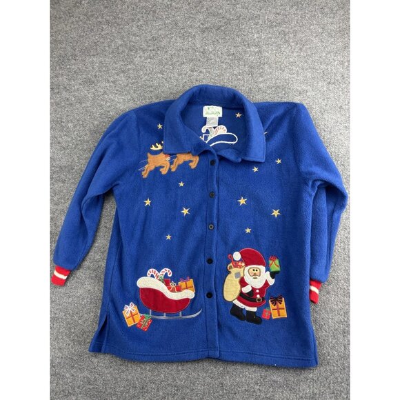 Quacker Factory Christmas Sweater Womens Large Blue Fleece Santa Sleigh Reindeer - Picture 1 of 6
